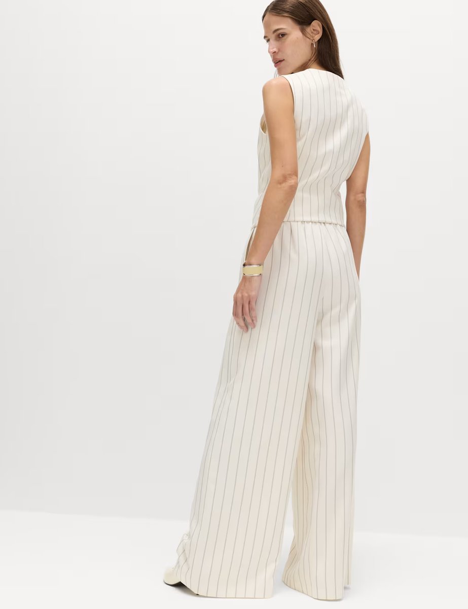 Marks & Spencer M&S Pinstripe Wide Leg Trousers Ivory Mix - 4