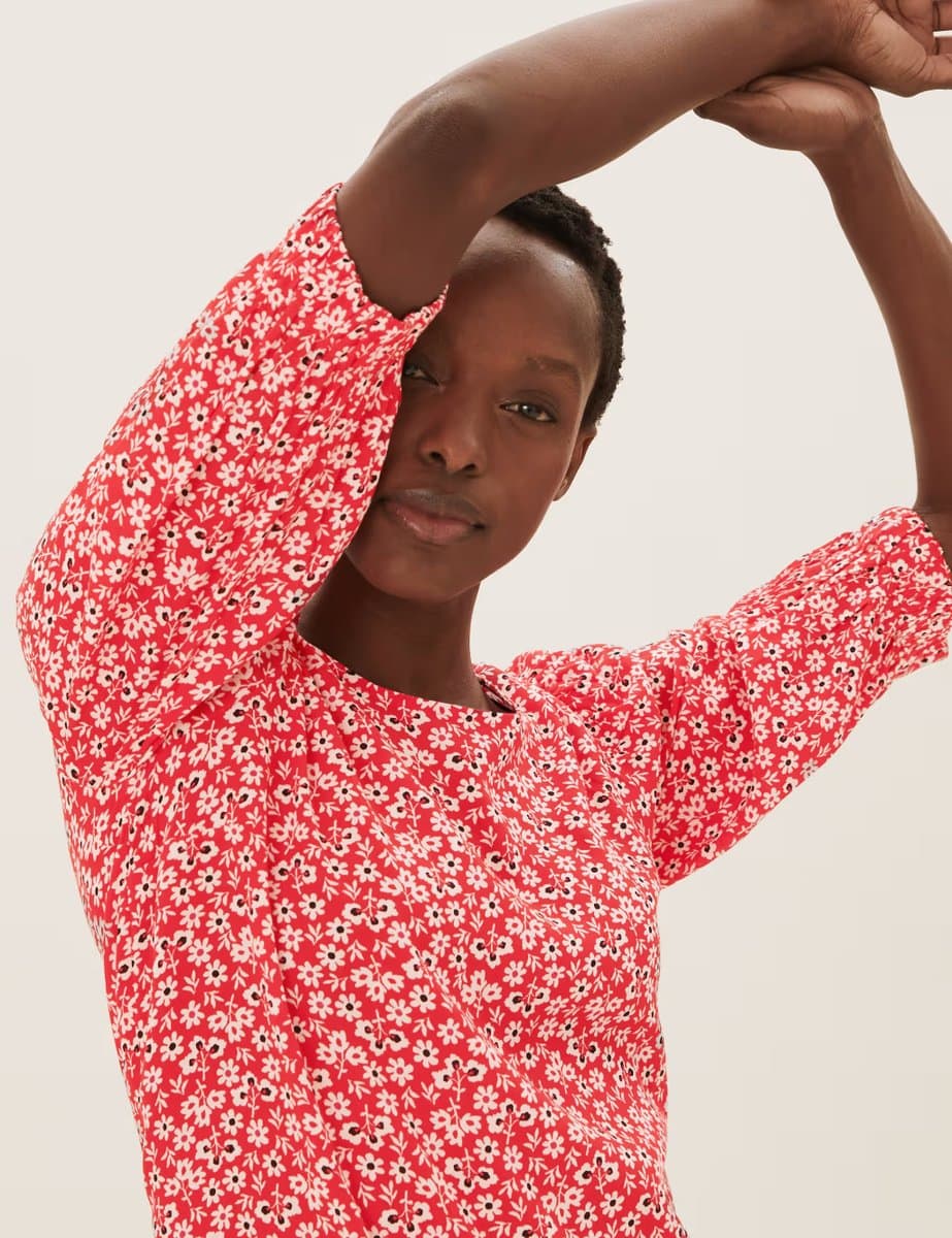 Marks & Spencer M&S Ditsy Floral Puff Sleeve Blouse Pink Mix