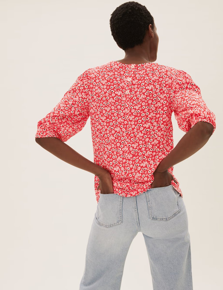 Marks & Spencer M&S Ditsy Floral Puff Sleeve Blouse Pink Mix - 3