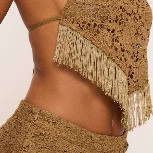 EGO High Neck Fringe Hem Detail Open Back Top In Khaki Lace, Women's Size UK 14 - 2