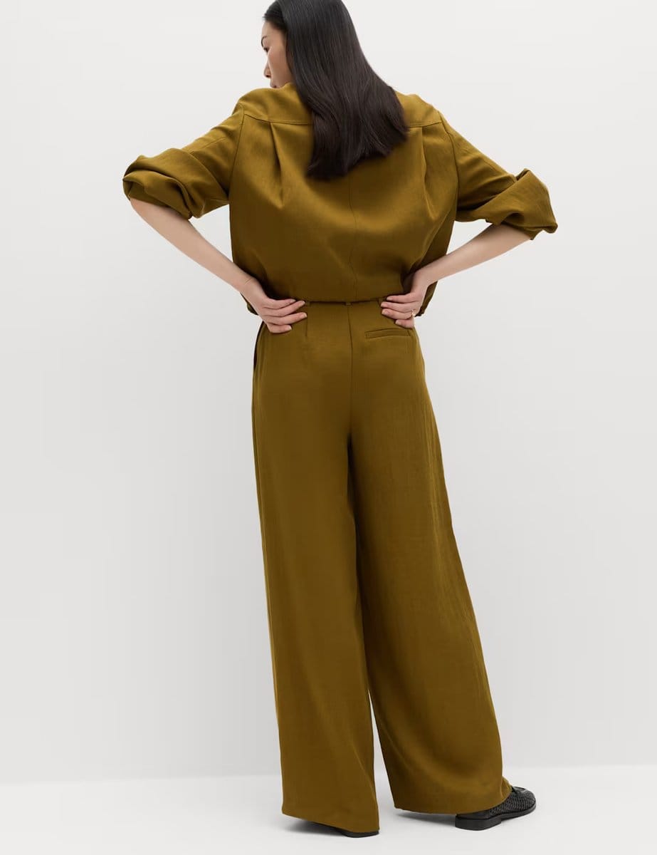 Marks & Spencer M&S Relaxed Wide Leg Trousers With Linen Moss - 4