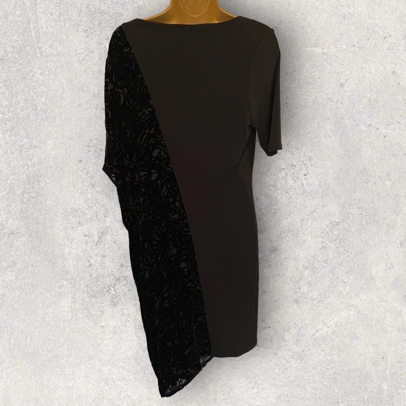 Autograph M&S Autograph Womens Black Velvet Flock Asymmetrical Shift Evening Dress UK 14 - 3