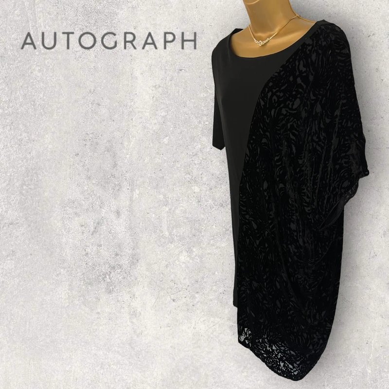 Autograph M&S Autograph Womens Black Velvet Flock Asymmetrical Shift Evening Dress UK 14 - 4