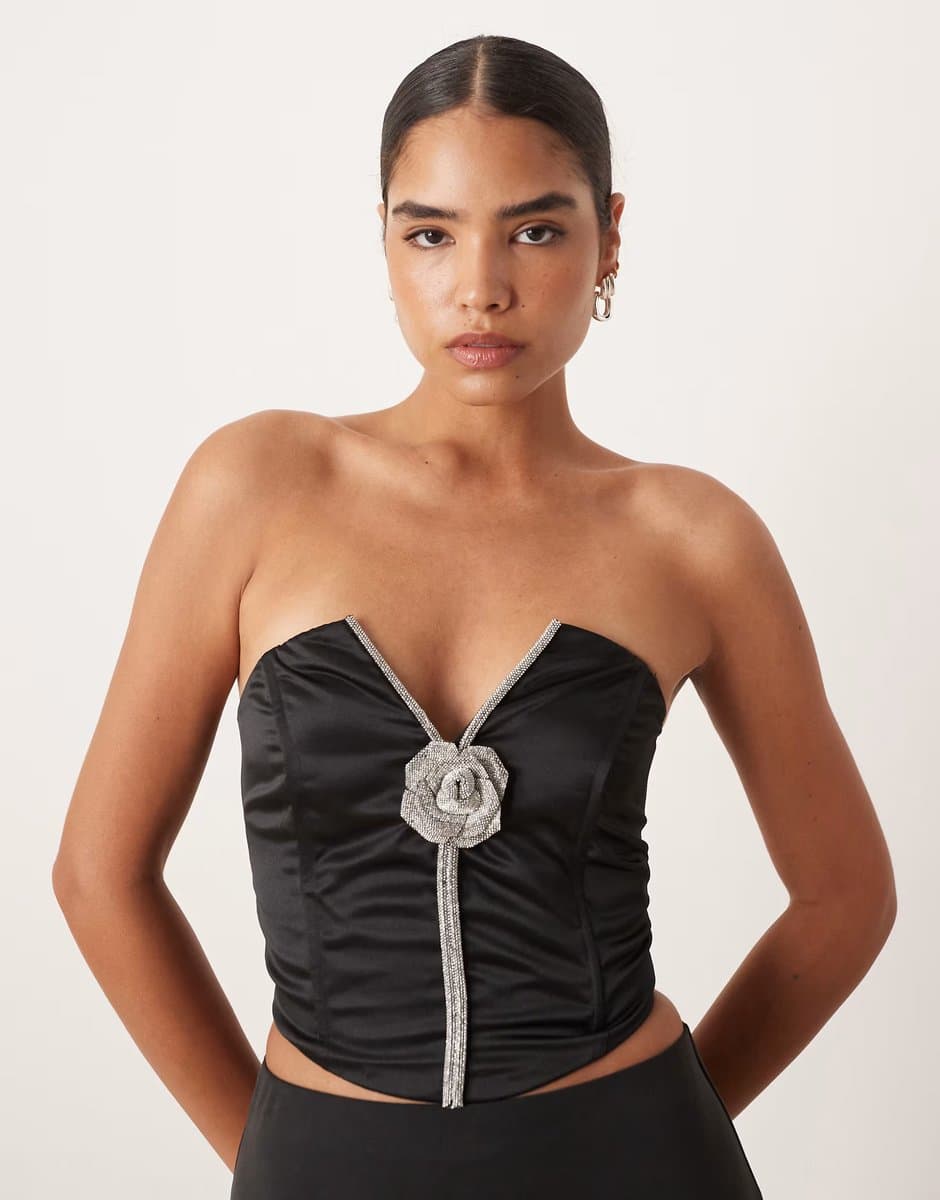 ASOS Collective The Label Diamante corsage corset top in black satin