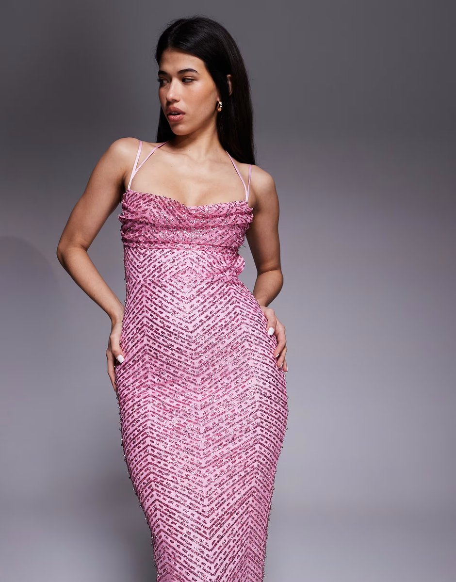 ASOS Oh Polly glitter embellished cowl neck cut out back maxi dress in pink - 3