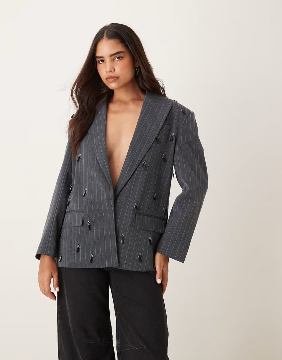 ASOS ASOS Oversized Embellished Pinstripe Blazer in Grey