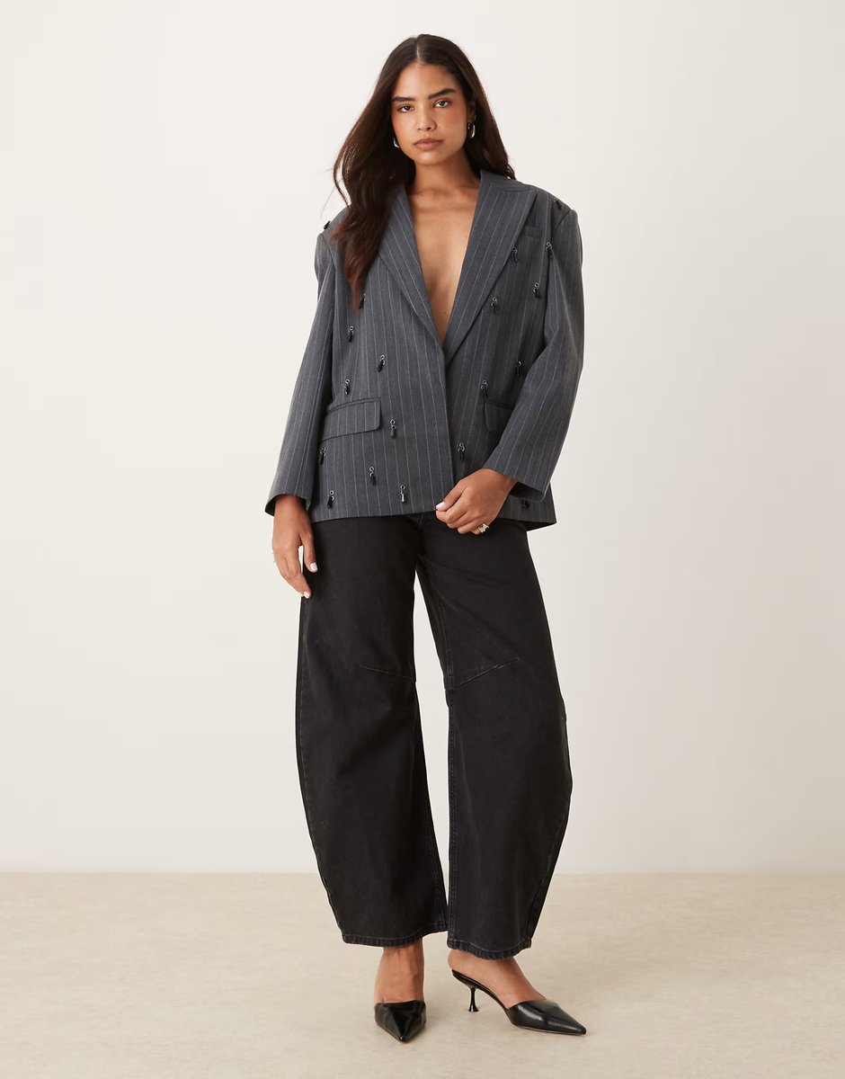ASOS ASOS DESIGN tailored embellished oversized blazer in grey pinstripe - 3