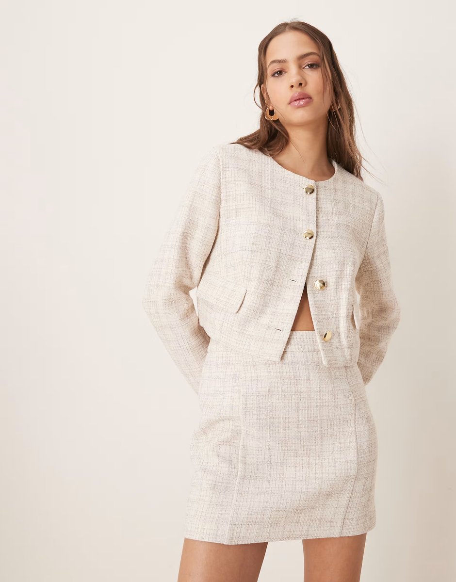ASOS ASOS DESIGN tailored blazer and mini skirt co-ord in ecru boucle - 3