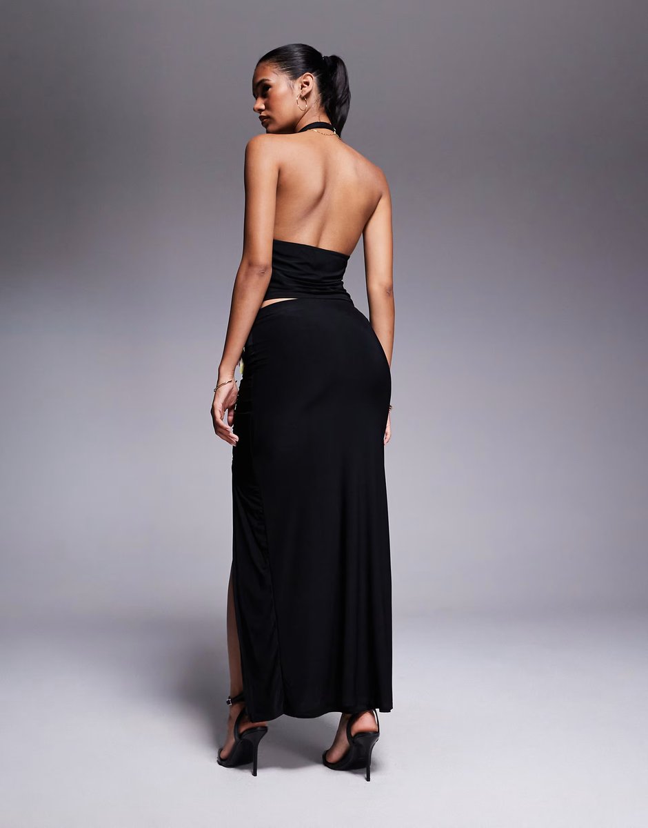 ASOS ASOS DESIGN co-ord slinky ruched waist maxi skirt with floral trim detail in black - 3