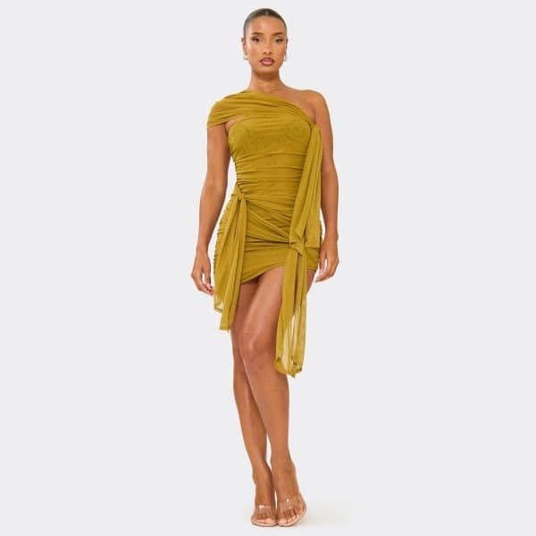 EGO One Shoulder Knot Drape Detail Mini Dress In Olive Green Mesh, Women's Size UK 6