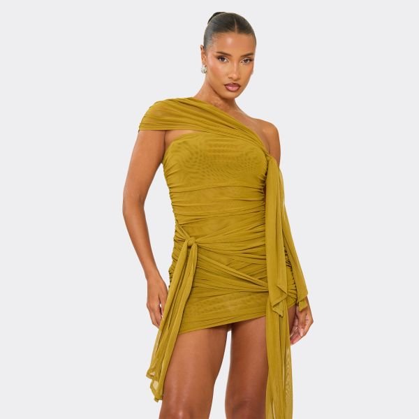 EGO One Shoulder Knot Drape Detail Mini Dress In Olive Green Mesh, Women's Size UK 6 - 2