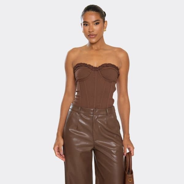 EGO Corset Ruffle Detail Top In Chocolate Brown, Women's Size UK 6