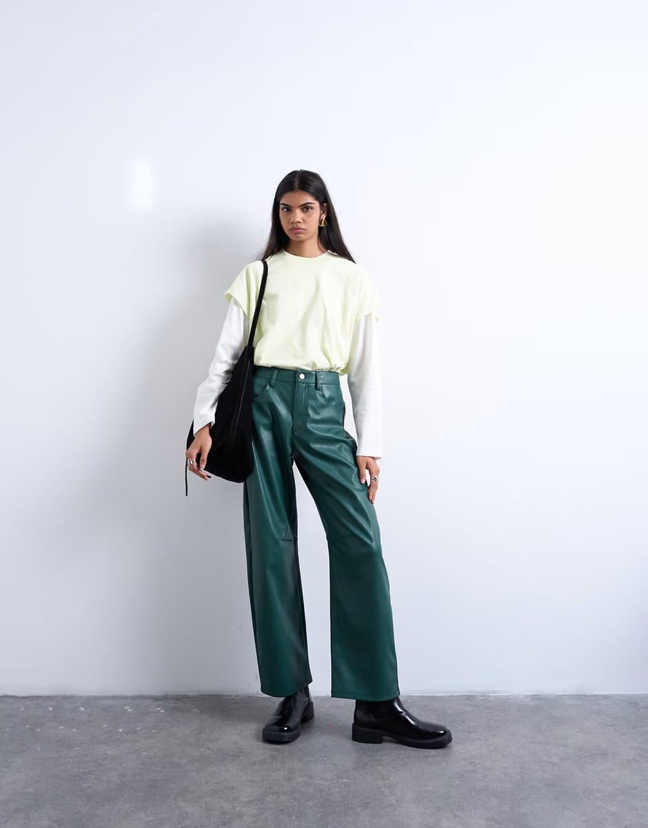 ASOS Topshop faux leather barrel leg trouser in teal