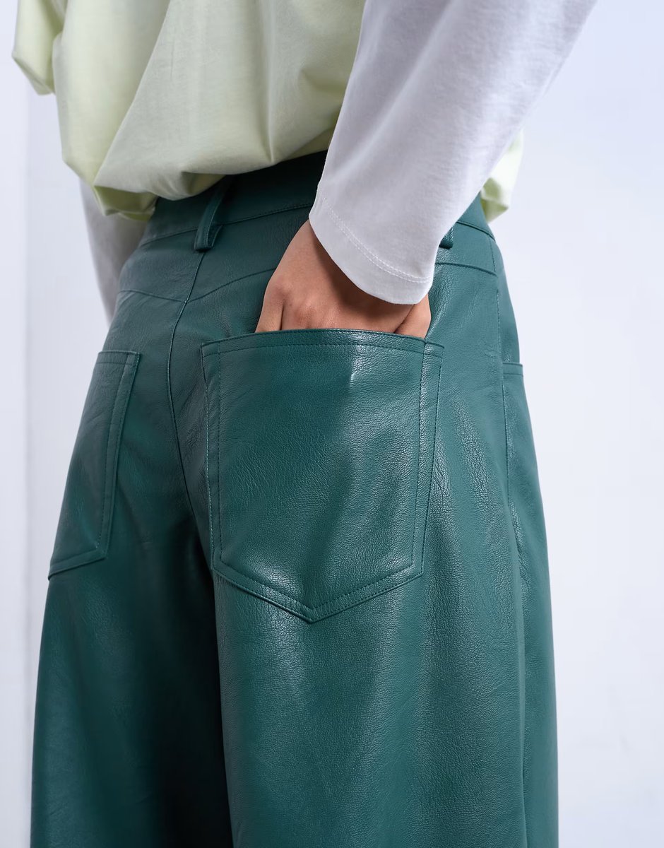 ASOS Topshop faux leather barrel leg trouser in teal - 3