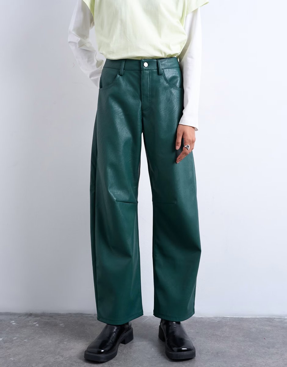 ASOS Topshop faux leather barrel leg trouser in teal - 4