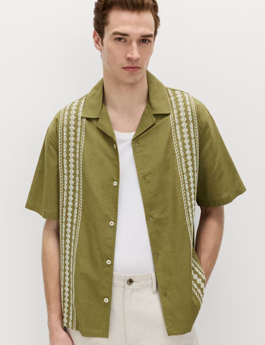 Marks & Spencer M&S Relaxed Fit Cotton Rich Short Sleeve Shirt Olive Mix