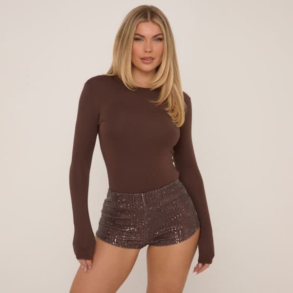 EGO EGO Mid Rise Hot Pant Shorts in Chocolate Brown Sequin