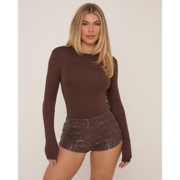 EGO Mid Rise Hot Pant Shorts In Chocolate Brown Sequin, Women's Size UK 12 - 2