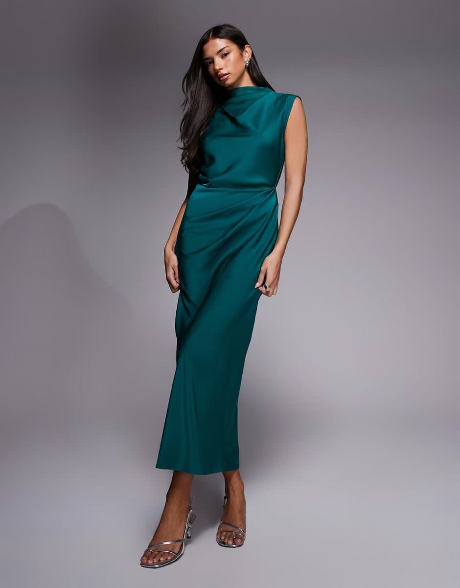 ASOS ASOS DESIGN satin high neck pleated bodice midi dress in teal