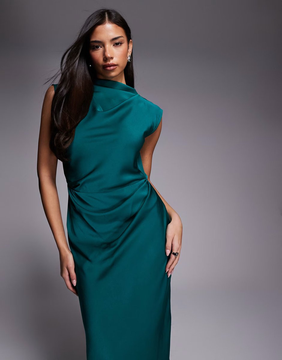 ASOS ASOS DESIGN satin high neck pleated bodice midi dress in teal - 3