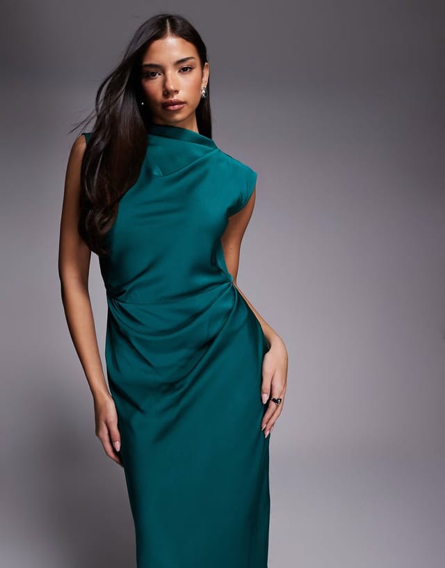 ASOS ASOS DESIGN satin high neck pleated bodice midi dress in teal - 3