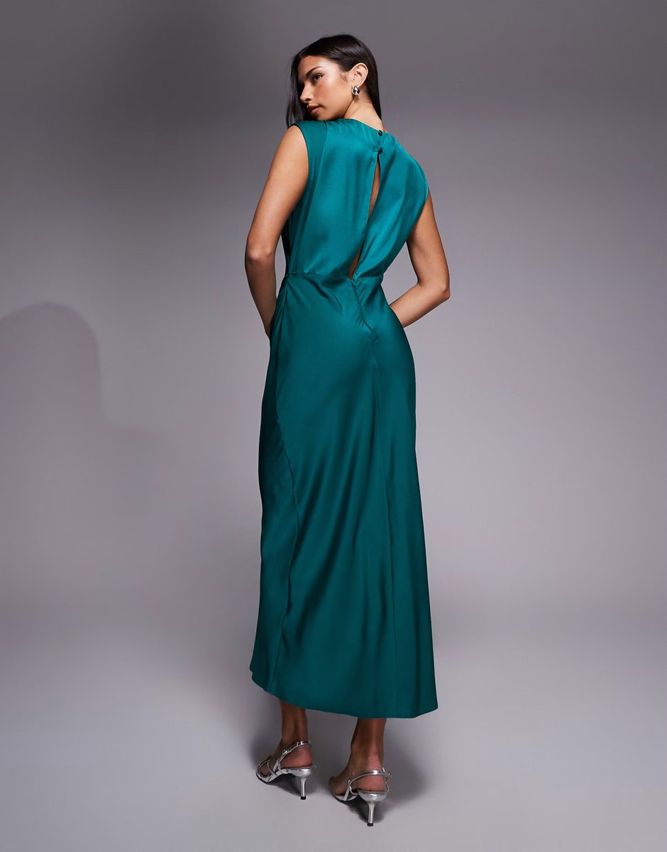 ASOS ASOS DESIGN satin high neck pleated bodice midi dress in teal - 4