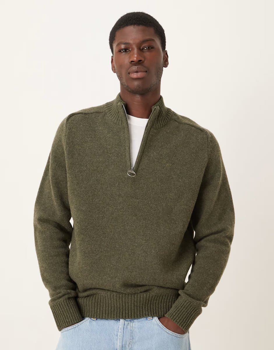 ASOS Barbour Grangetown half zip knitted jumper in mid olive green