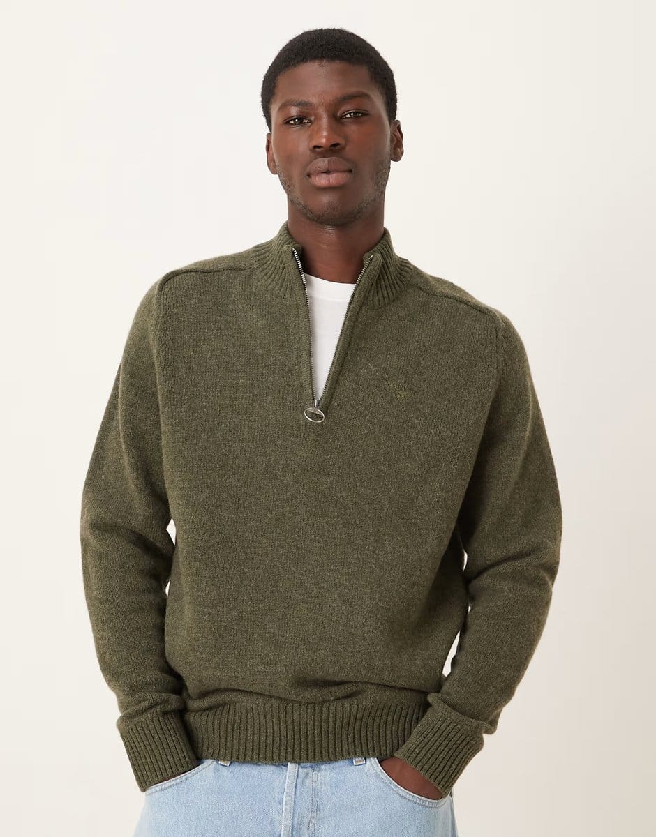 ASOS Barbour Grangetown half zip knitted jumper in mid olive green - 1