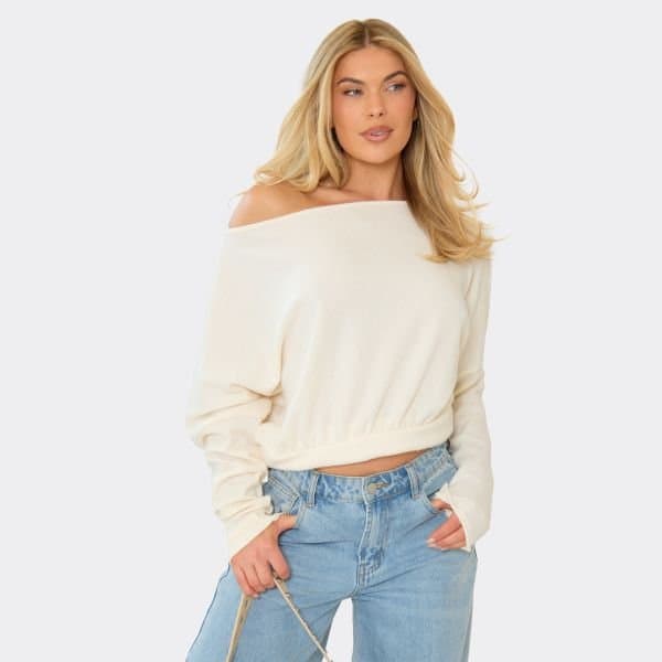 EGO EGO Long Sleeve Asymmetric Drape Top in White