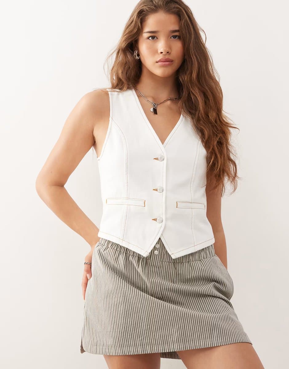 ASOS Reclaimed Vintage denim waistcoat in ecru with contrast tobacco stitch