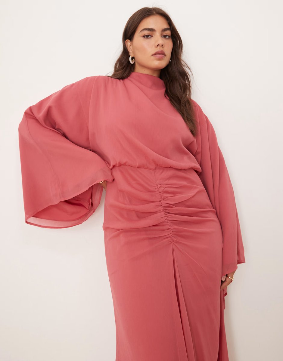 ASOS ASOS DESIGN Curve volume sleeve maxi dress with ruched skirt in deep rose - 3