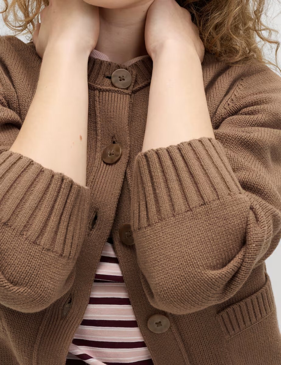 Marks & Spencer M&S Cotton Rich Crew Neck Button Front Cardigan Golden Brown - 2