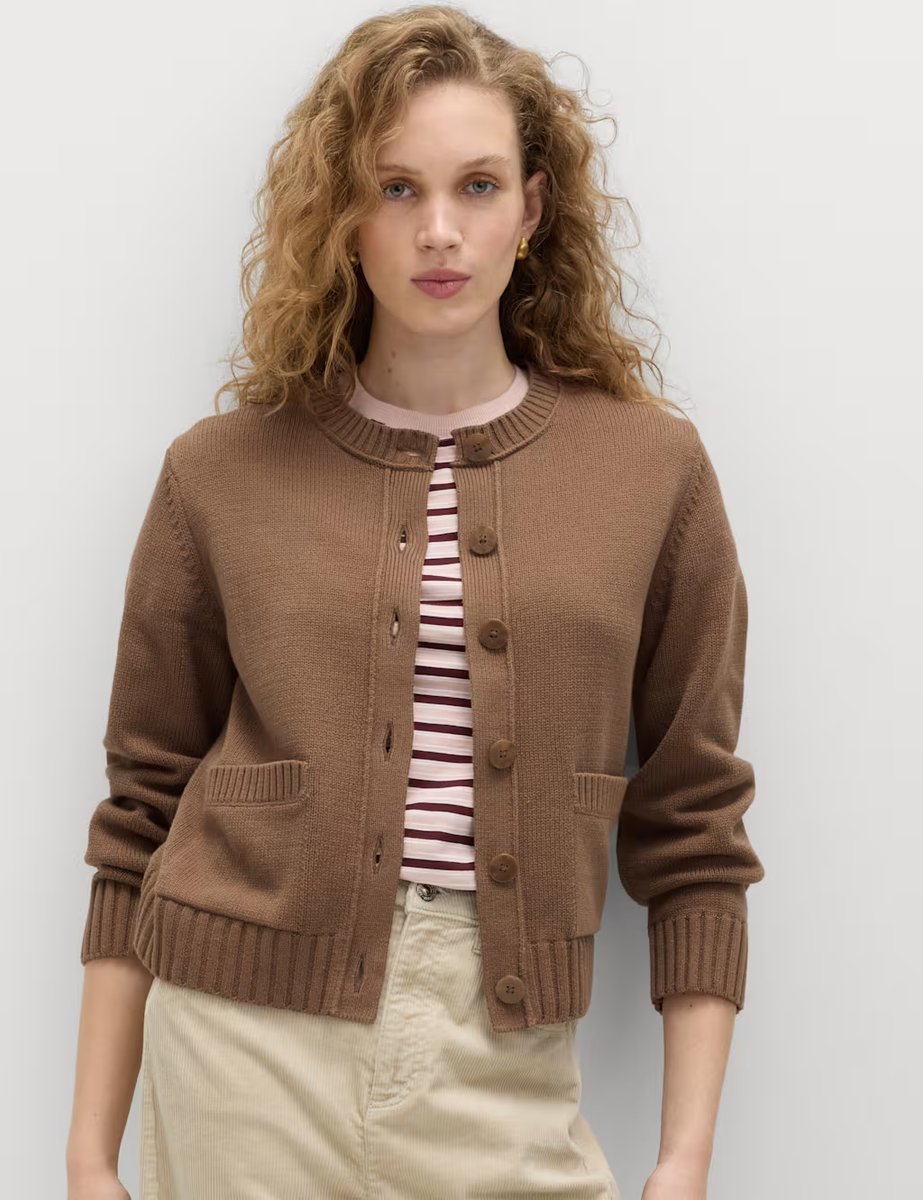 Marks & Spencer M&S Cotton Rich Crew Neck Button Front Cardigan Golden Brown - 4