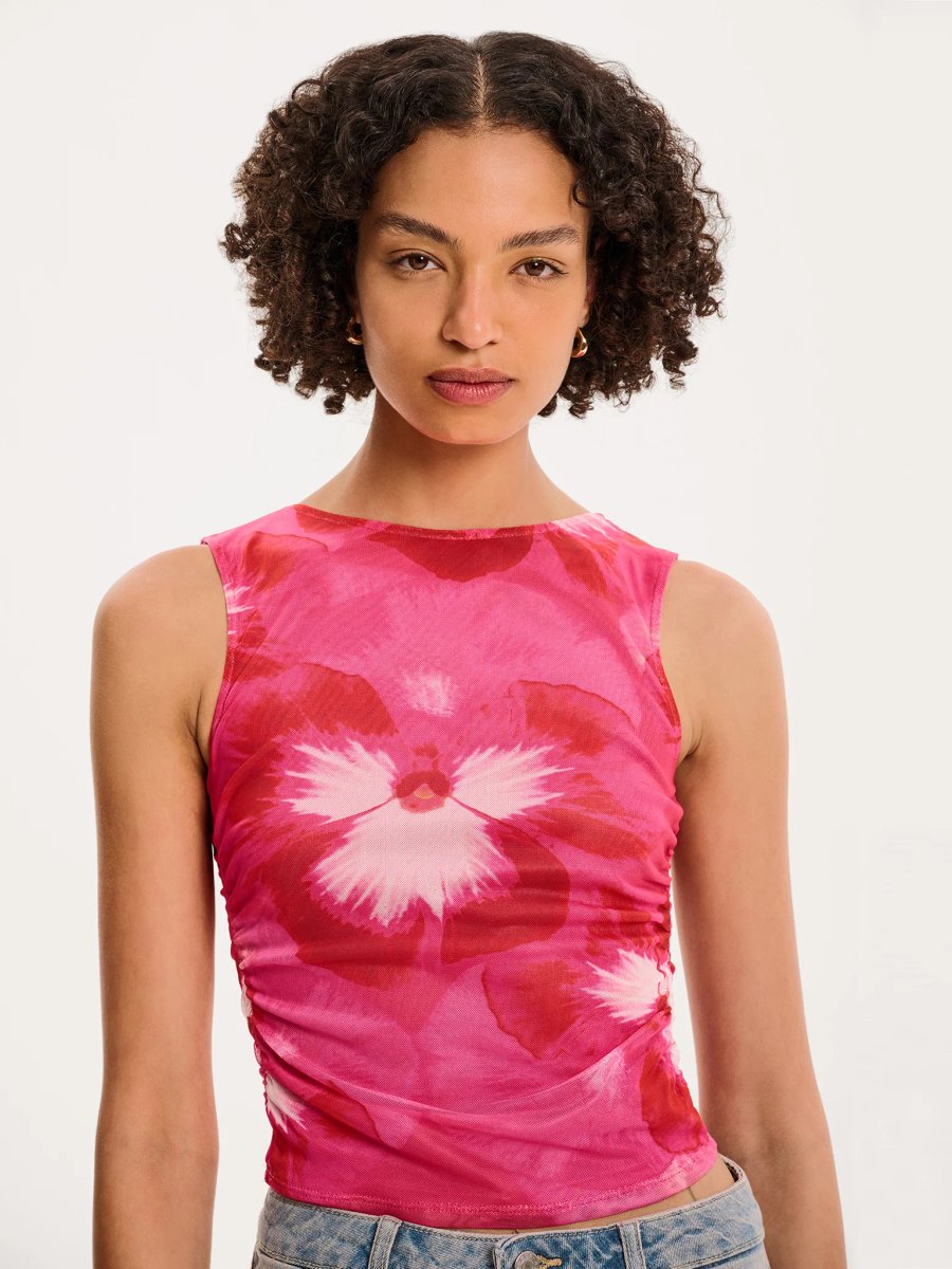 OMNES Delia Top in Brightest Floral Pink Print - 2