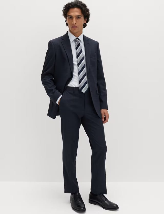 Marks & Spencer M&S Regular Fit Textured Stretch Suit Trousers Navy - 2