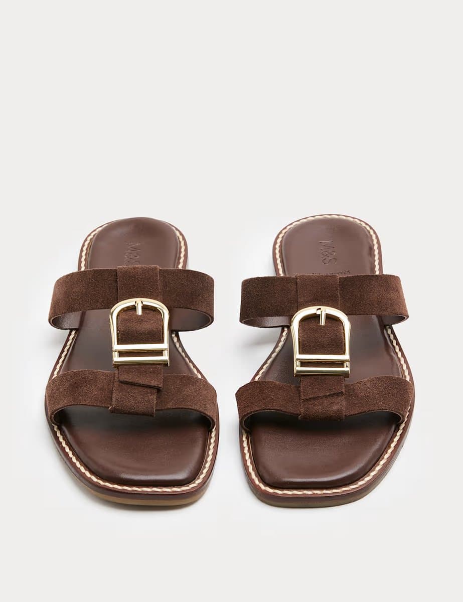 Marks & Spencer M&S Suede Buckle Flat Mule Sandals Brown