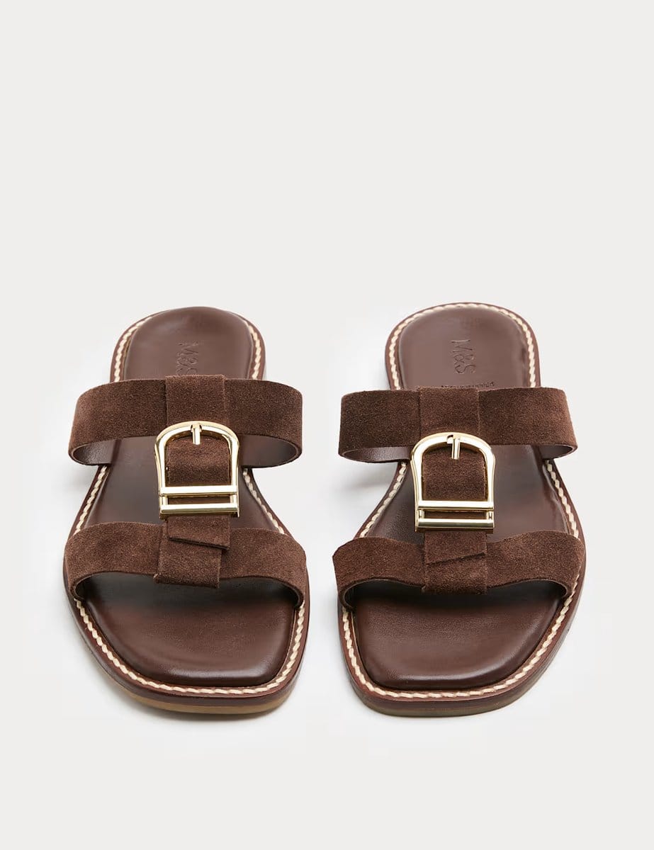 Marks & Spencer M&S Suede Buckle Flat Mule Sandals Brown - 1