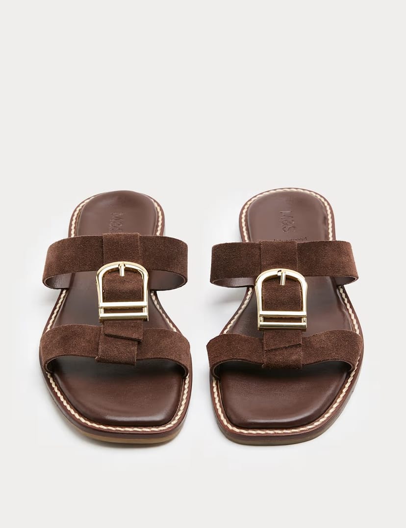 Marks & Spencer M&S Suede Buckle Flat Mule Sandals Brown - 1