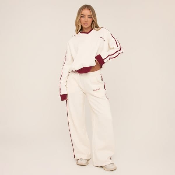 EGO High Waist Contrast Burgundy Stripe Wide Leg Joggers In Cream, Women's Size UK 6