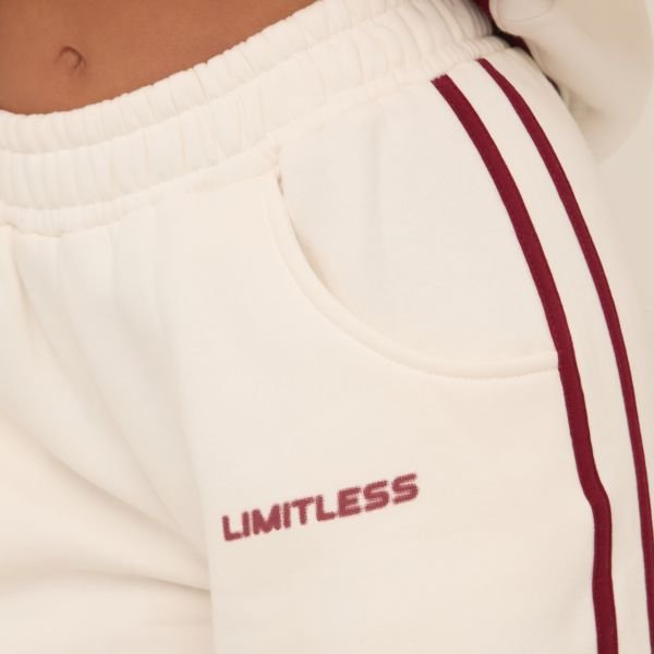 EGO High Waist Contrast Burgundy Stripe Wide Leg Joggers In Cream, Women's Size UK 6 - 2