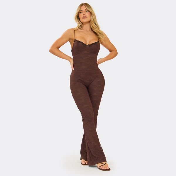 EGO Strappy Cupped Detail Flared Leg Jumpsuit In Chocolate Brown Lace, Women's Size UK 4 - 2