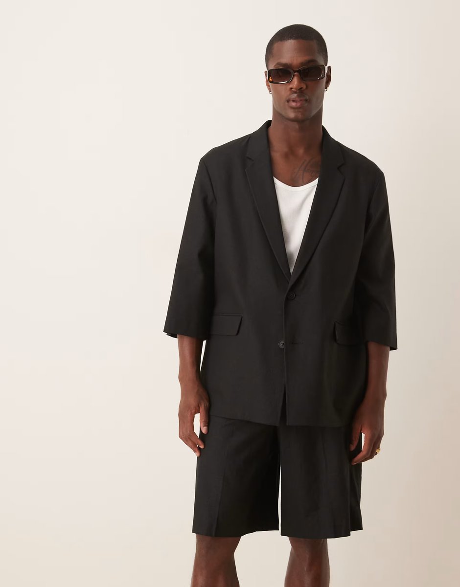 ASOS ASOS DESIGN linen blend shorter sleeve suit jacket in black - 3