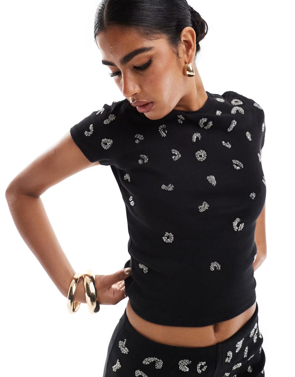 ASOS ASOS DESIGN rib baby tee with all over leopard sequins in black - BLACK - 2