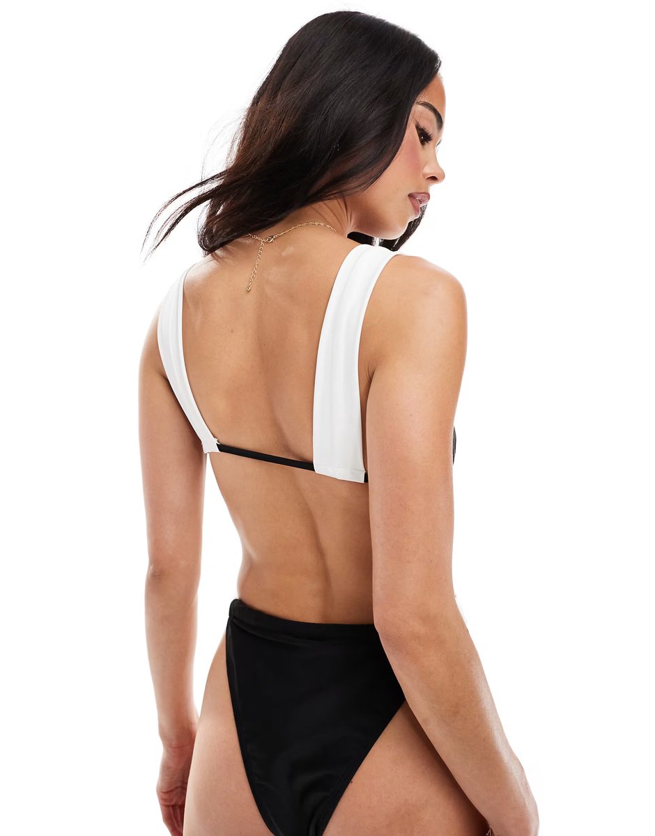 ASOS The Frolic exclusive ruched ruffle tie front contrast bikini top co-ord in mono   - 4