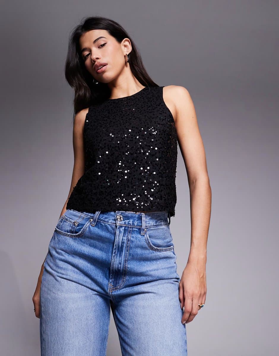 ASOS ASOS DESIGN wiggle sequin sheer mesh tank top in black