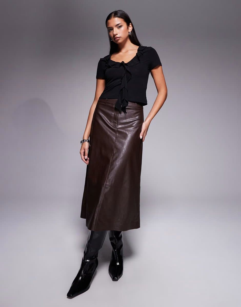 ASOS Forever New Jaeyln leather look a line midi skirt in dark chocolate brown