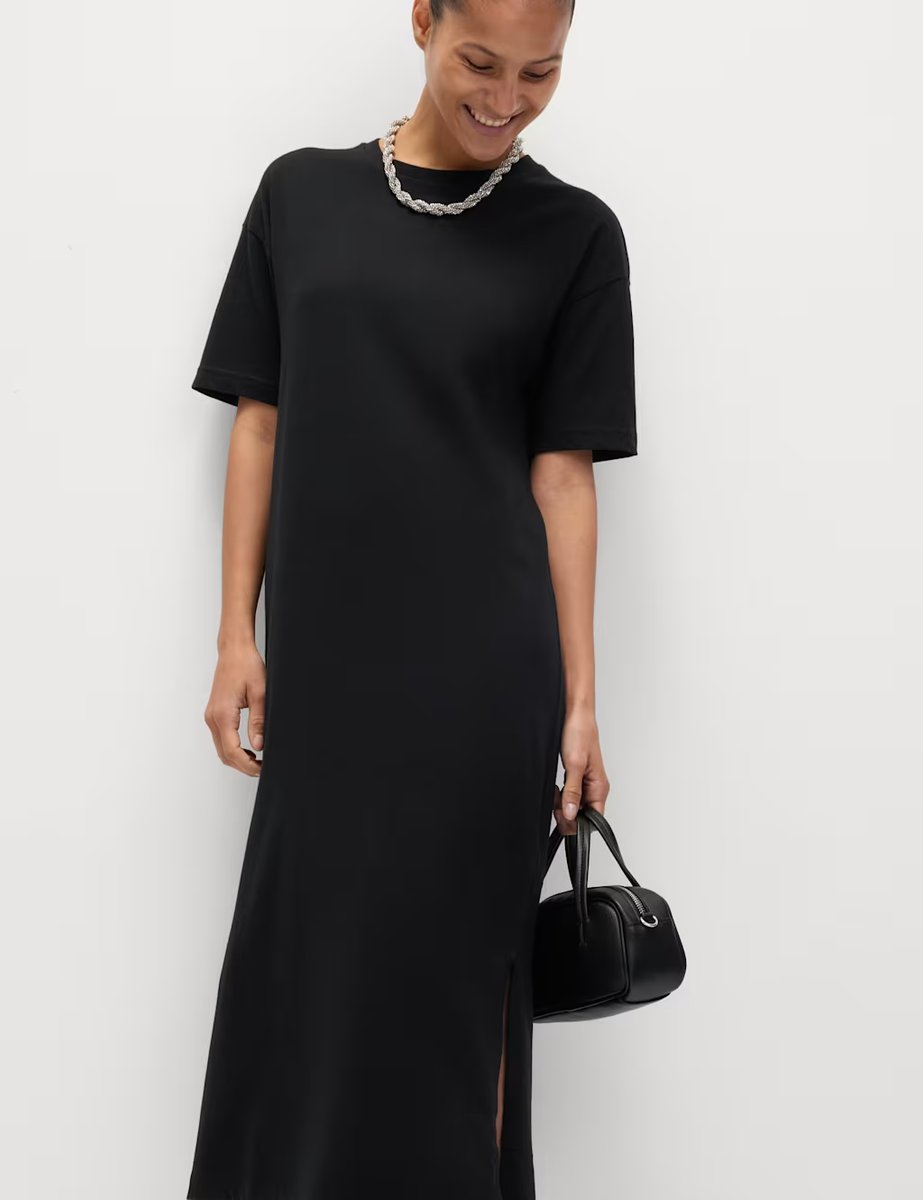 Marks & Spencer M&S Pure Cotton Midi Relaxed T-Shirt Dress Black - 2