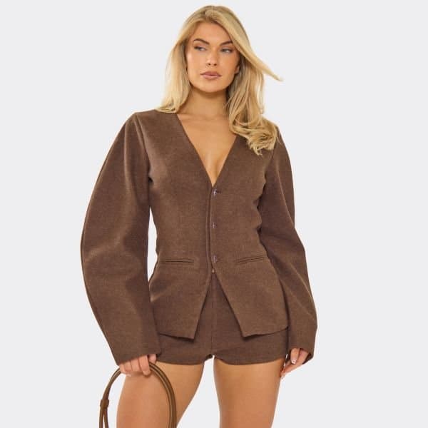 EGO Cocoon Sleeve Plunge Front Wool Look Blazer Playsuit In Chocolate Brown, Women's Size UK 4