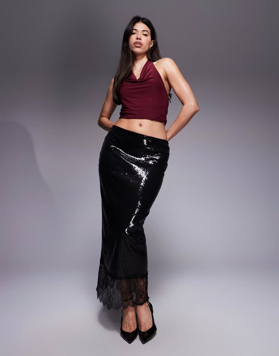 ASOS ASOS DESIGN sequin mid rise column skirt with lace trim black