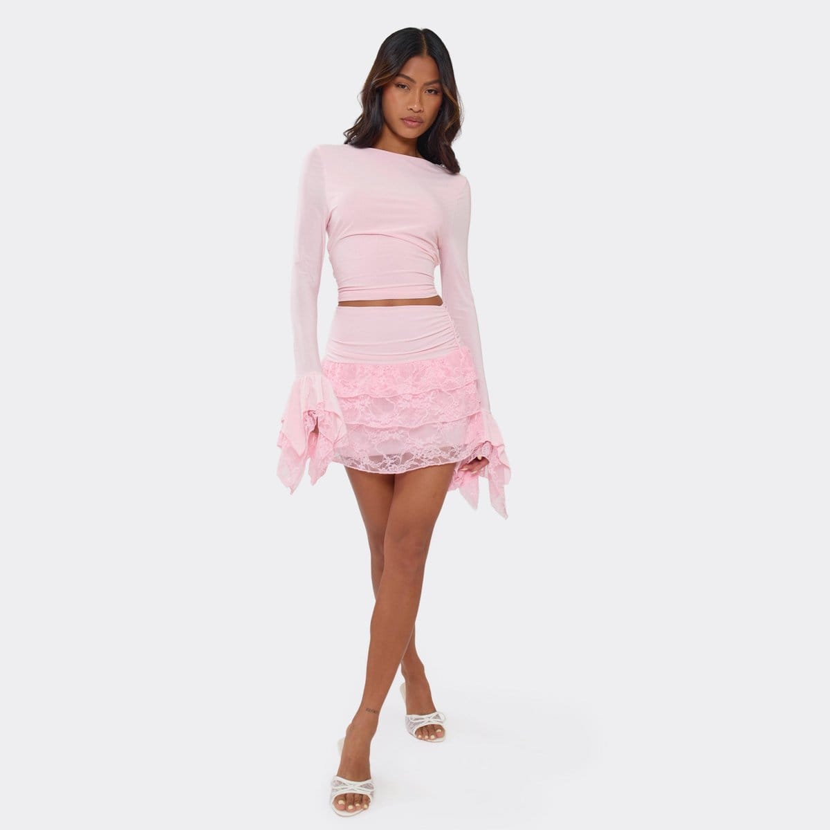 EGO Low Waist Ruffle Lace Detail Mini Skirt In Pink, Women's Size UK 6 - 1
